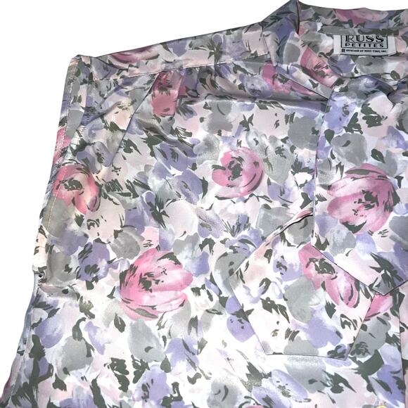 Vintage 80’s Cap Sleeve Button Front Cravat Bow Blouse Russ Petites Florals PM - Picture 5 of 8